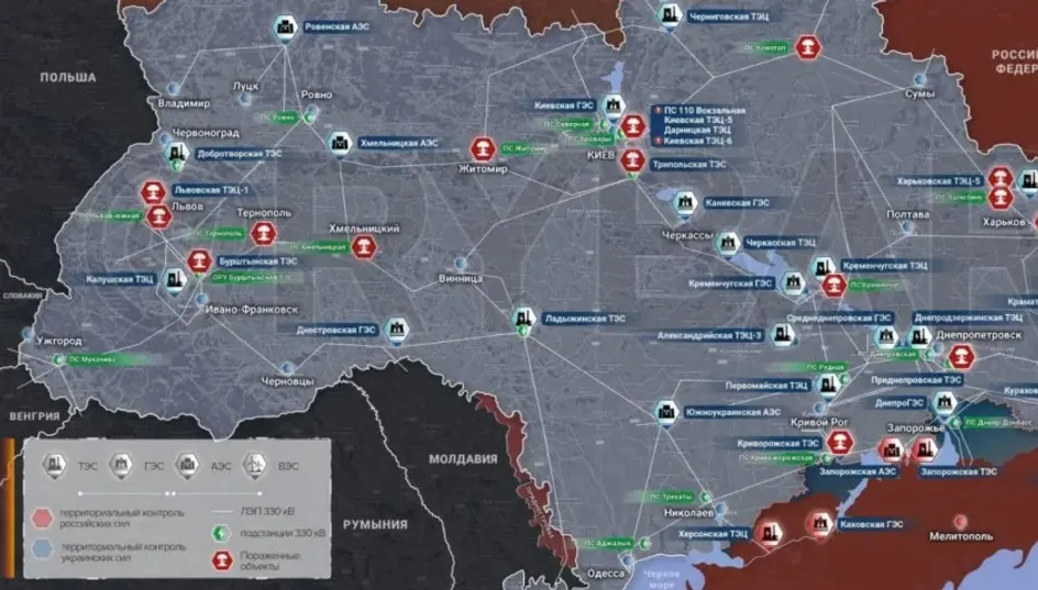 Опубликована карта ударов ВС РФ по энергетической инфраструктуре Украины